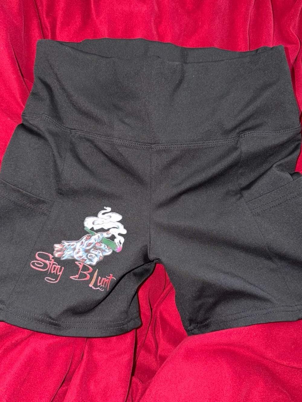 High-Waist Black Women's Active Shorts with 'Stay Blunt' Graphic